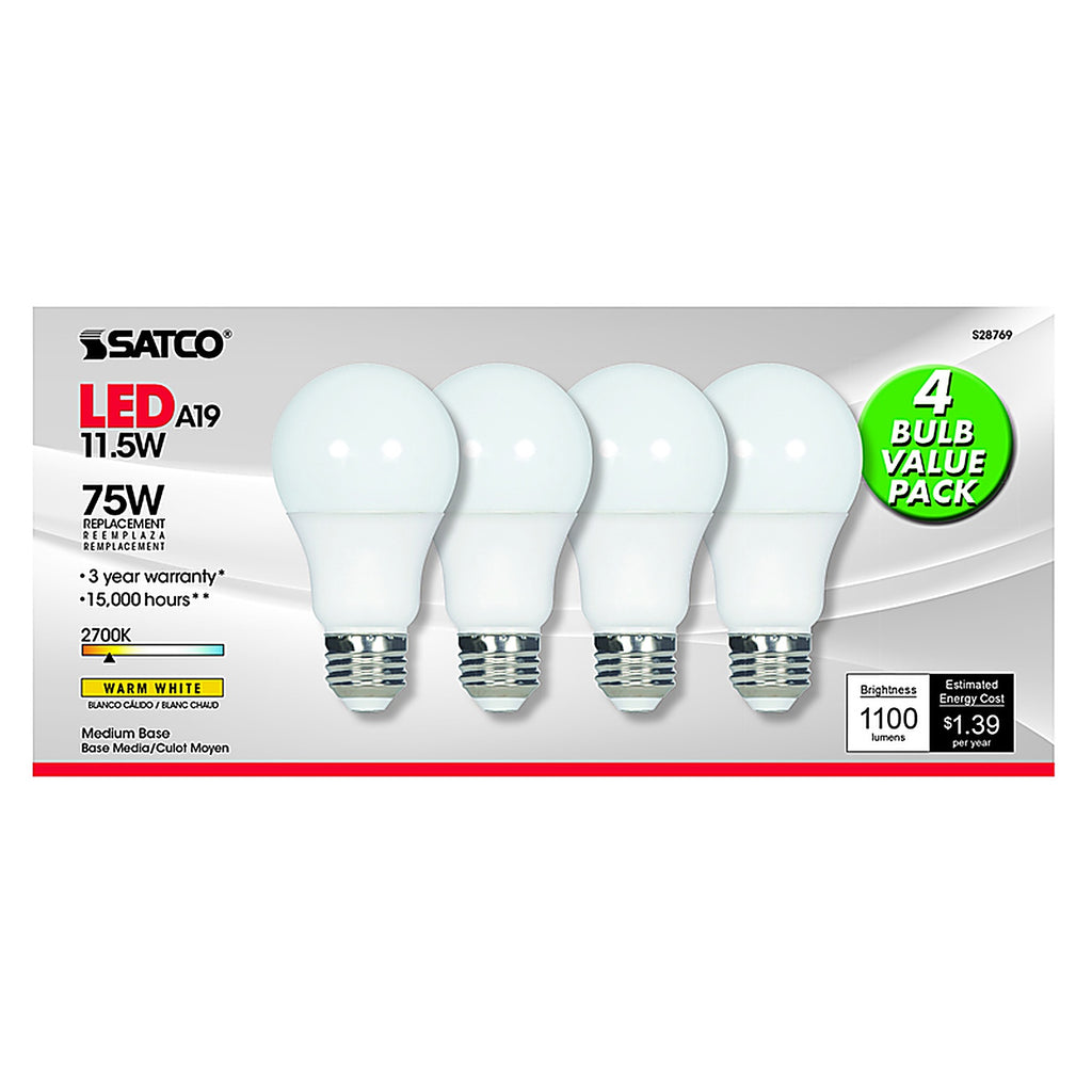 Satco - S28770 - Type-A A19 E26 (Medium) LED Bulb Natural Light 75 Watt Equivalence 4 Pack