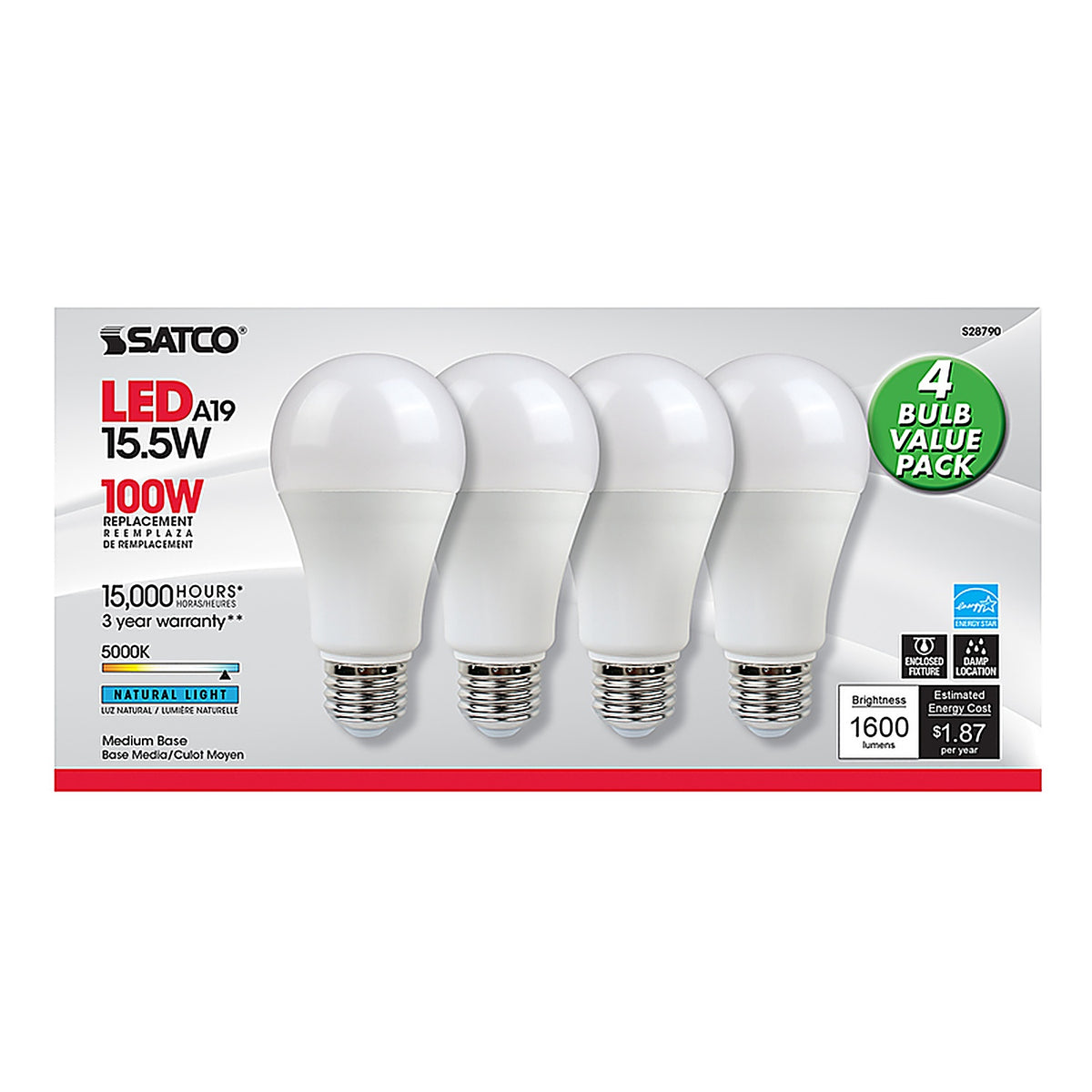 Satco - S28790 - Type a A19 E26 (Medium) LED Bulb Natural Light 100 Watt Equivalence 4 Pack