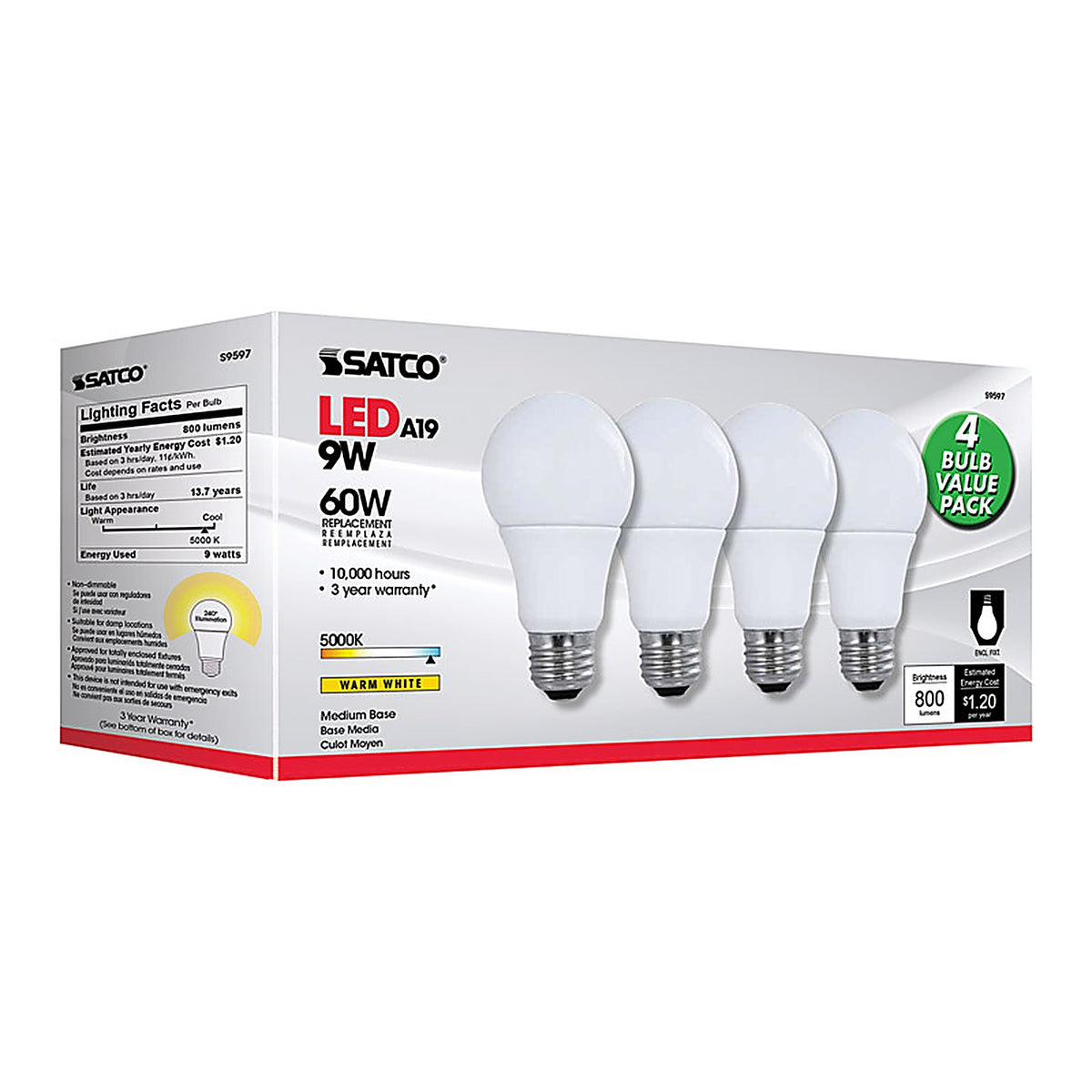 Satco - S39597 - Type a A19 E26 (Medium) LED Bulb Natural Light 60 Watt Equivalence 4 Pack
