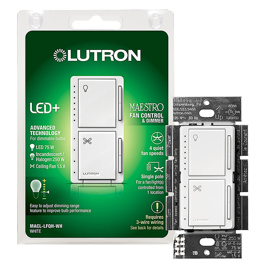 Lutron MACL-LFQH-WH Maestro White 250 watt Fan/LED Dimmer Switch 1/Pack