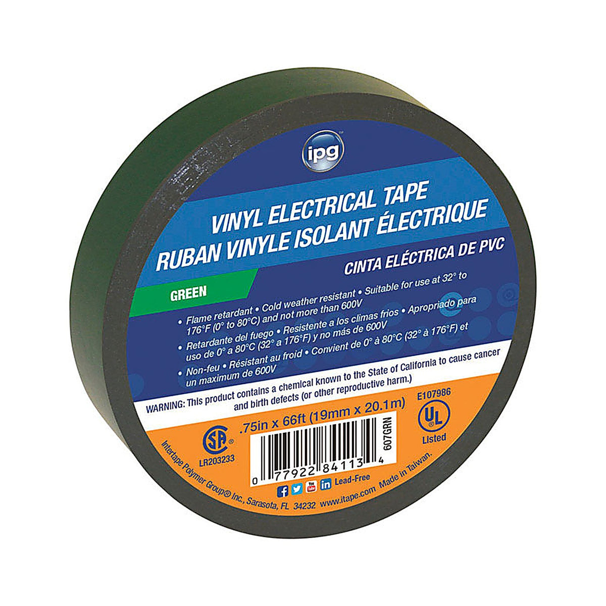 IPG - 607GRN - .75 In. W X 60 Ft. L Green Vinyl Electrical Tape