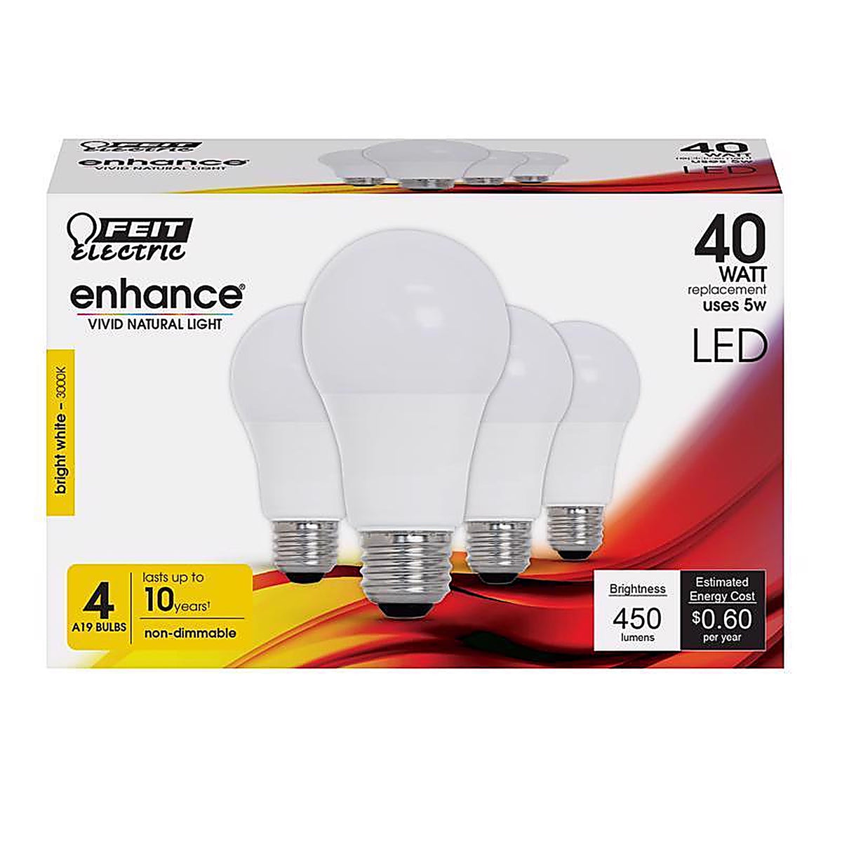 Feit Electric OM40/930CA10K/4 Enhance A19 E26 (Medium) LED Bulb Bright White 40 Watt Equivalence 4 pk