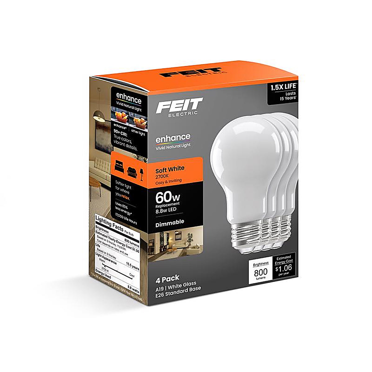 Feit Electric A1960927CAFIL4 Enhance A19 E26 (Medium) LED Bulb Soft White 60 Watt Equivalence 4 pk