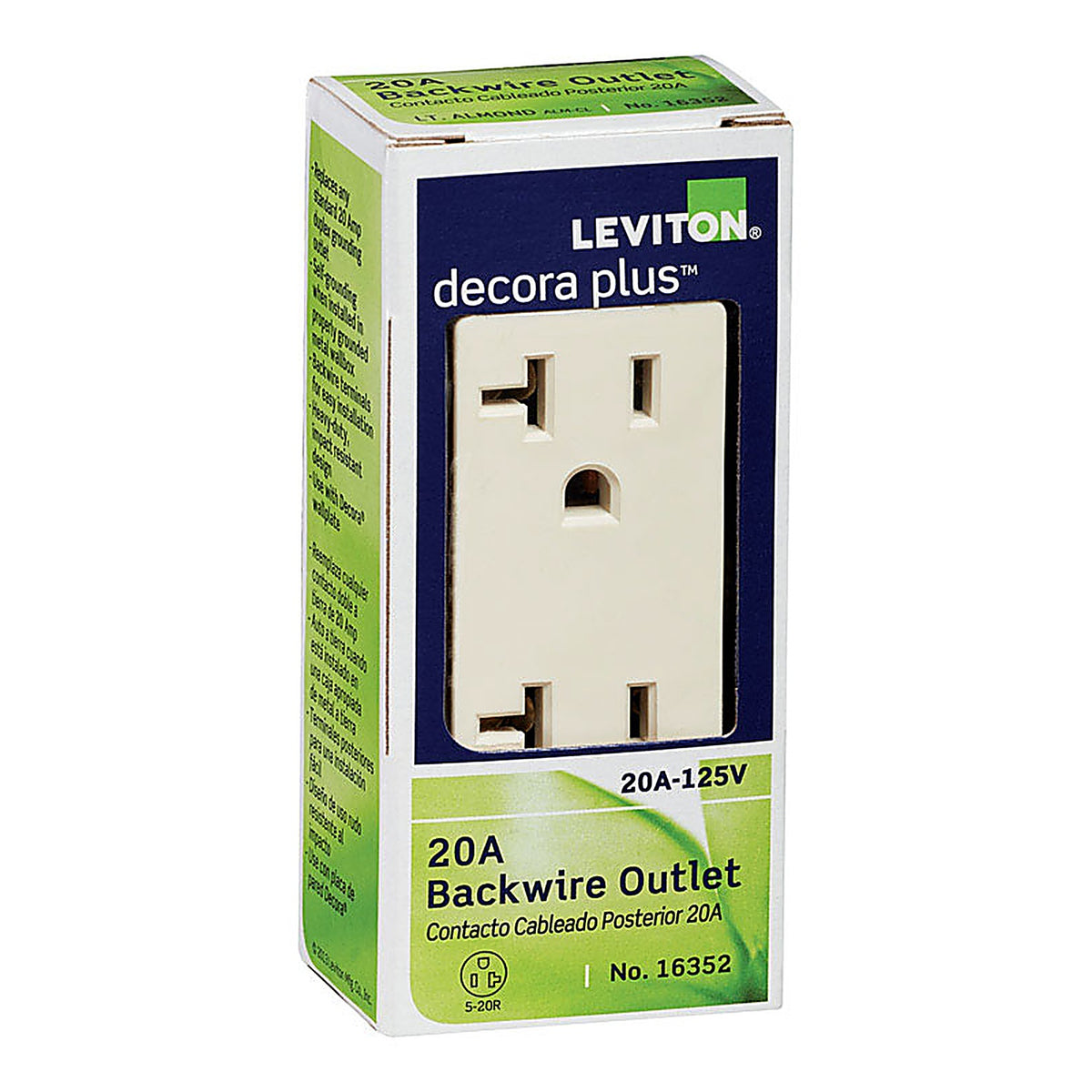 Leviton 16352-T Decora Plus 20 amps 125 volt Duplex Light Almond Outlet 5-20R 1/Pack