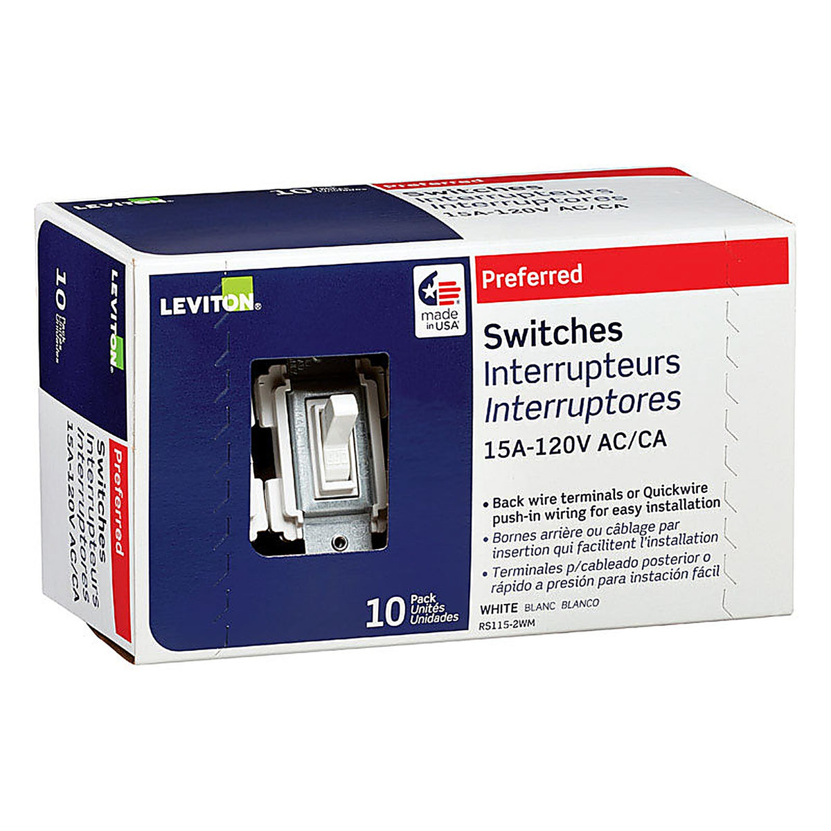 Leviton RS115-WM 15 amps Toggle AC Quiet Switch White 10/Pack