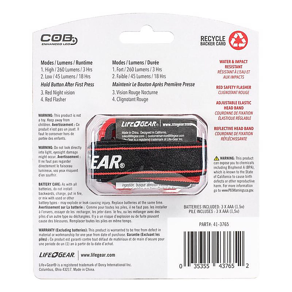 Life + Gear - 413765 - +gear Storm Proof 260 LM Black/Red LED Head Lamp Aaa Battery