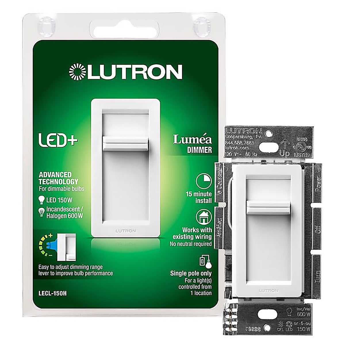 Lutron LECL-150H-WH Lumea White 150 watt Slide Dimmer Switch 1/Pack