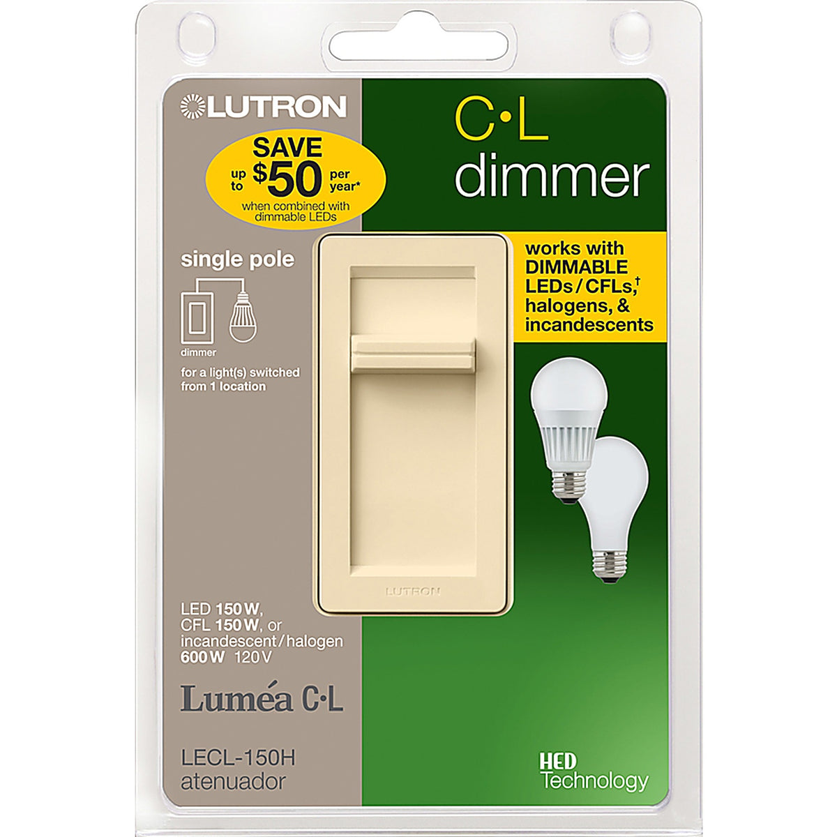 Lutron LECL-150H-LA Lumea Light Almond 150 watt Slide Dimmer Switch 1/Pack