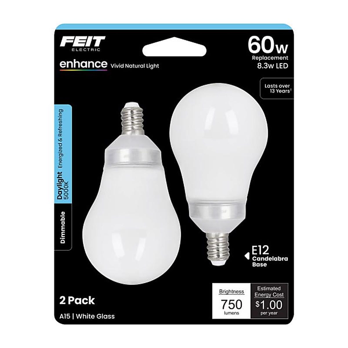 Feit Electric BPA1560C950CA2 Enhance A15 E12 (Candelabra) Filament LED Bulb Daylight 60 W 2 pk