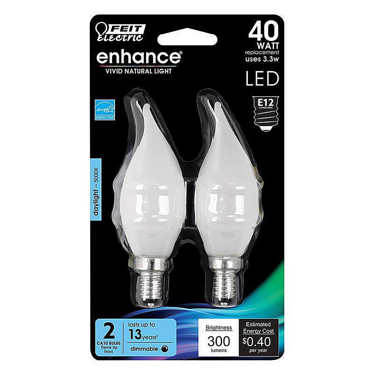 Feit Electric BPCFF40950CAFL2 Enhance Flame Tip E12 (Candelabra) Filament LED Bulb Daylight 40 W 2 pk