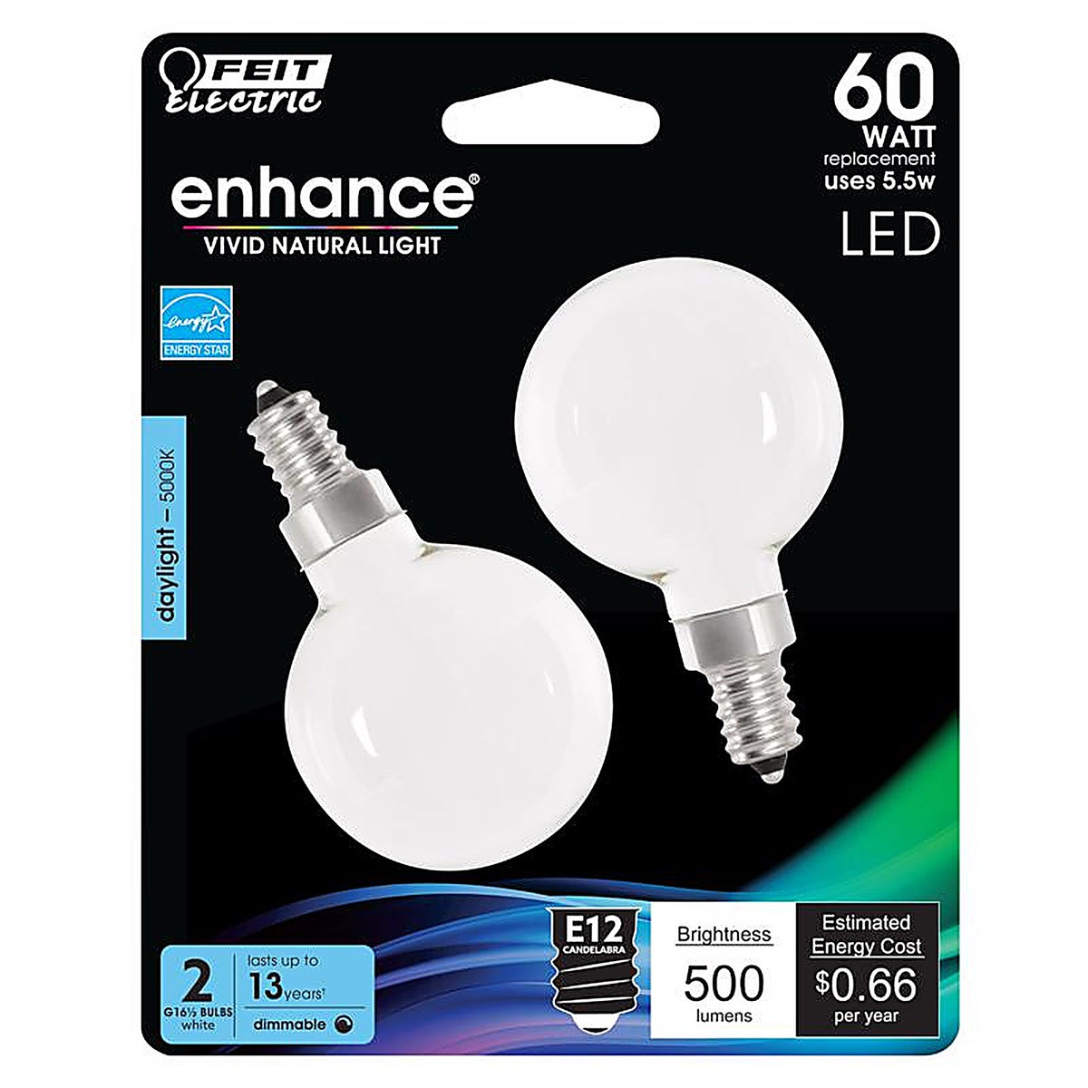 Feit Electric BPG1660W95CAFL2 Enhance G16.5 E12 (Candelabra) Filament LED Bulb Daylight 60 W 2 pk
