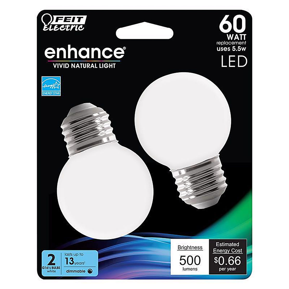 Feit Electric BPGM60950CAFL2R Enhance G16.5 E26 (Medium) Filament LED Bulb Daylight 60 W 2 pk
