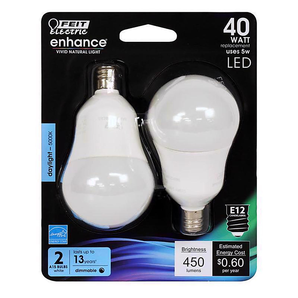 Feit Electric BPA1540C950CA2 Enhance A15 E12 (Candelabra) LED Bulb Daylight 40 W 2 pk