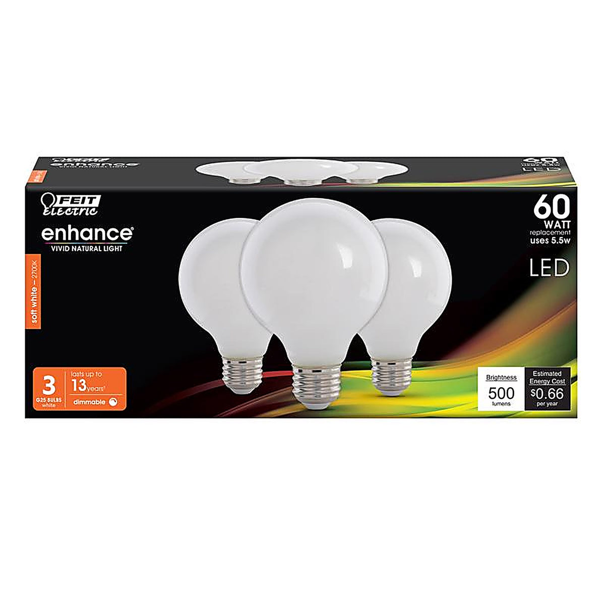 Feit Electric G2560W927CAFL3R Enhance G25 E26 (Medium) Filament LED Bulb Soft White 60 W 3 pk