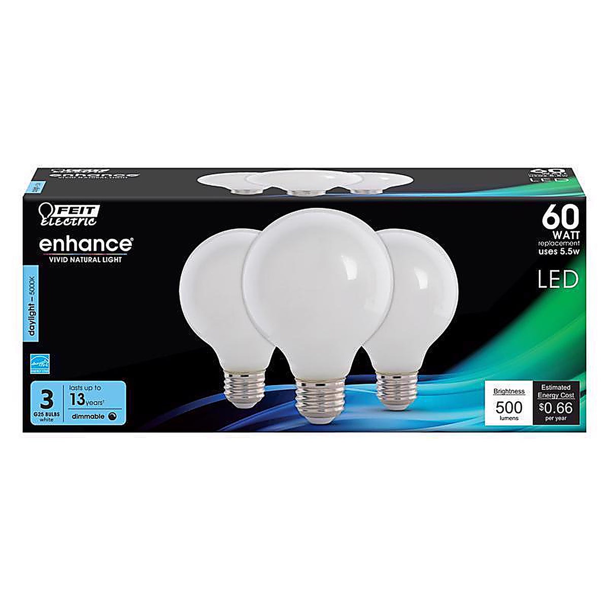 Feit Electric G2560W950CAFL3R Enhance G25 E26 (Medium) Filament LED Bulb Daylight 60 W 3 pk