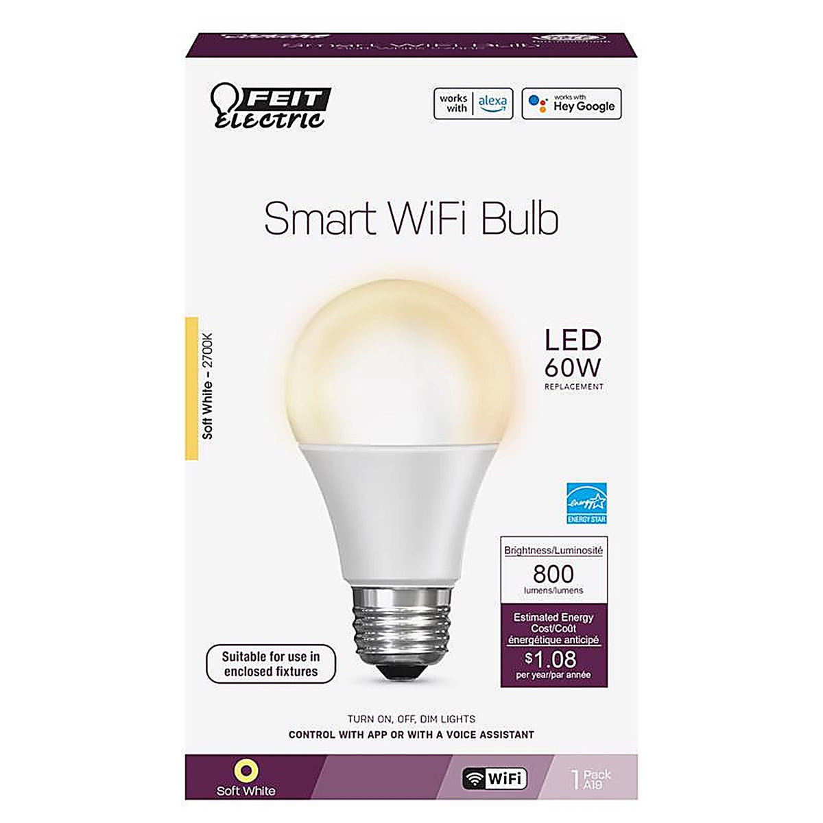 Feit Electric OM60/927CA/AG A19 E26 (Medium) Smart WiFi LED Bulb Soft White 60 W 1 pk