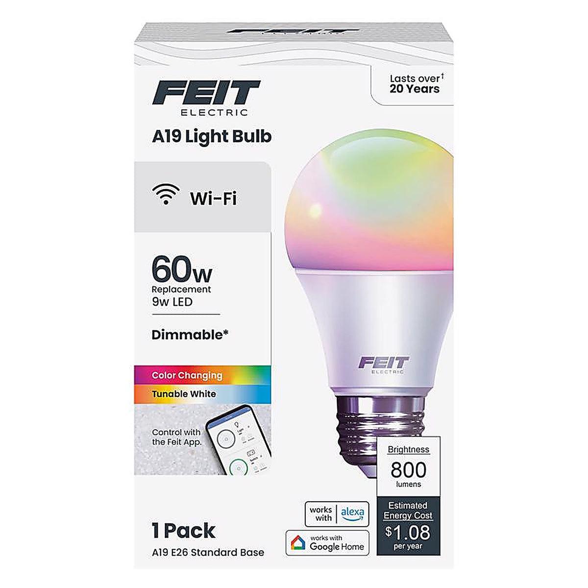 Feit Electric OM60/RGBW/CA/AG A19 E26 (Medium) Smart WiFi LED Bulb Color Changing 60 W 1 pk