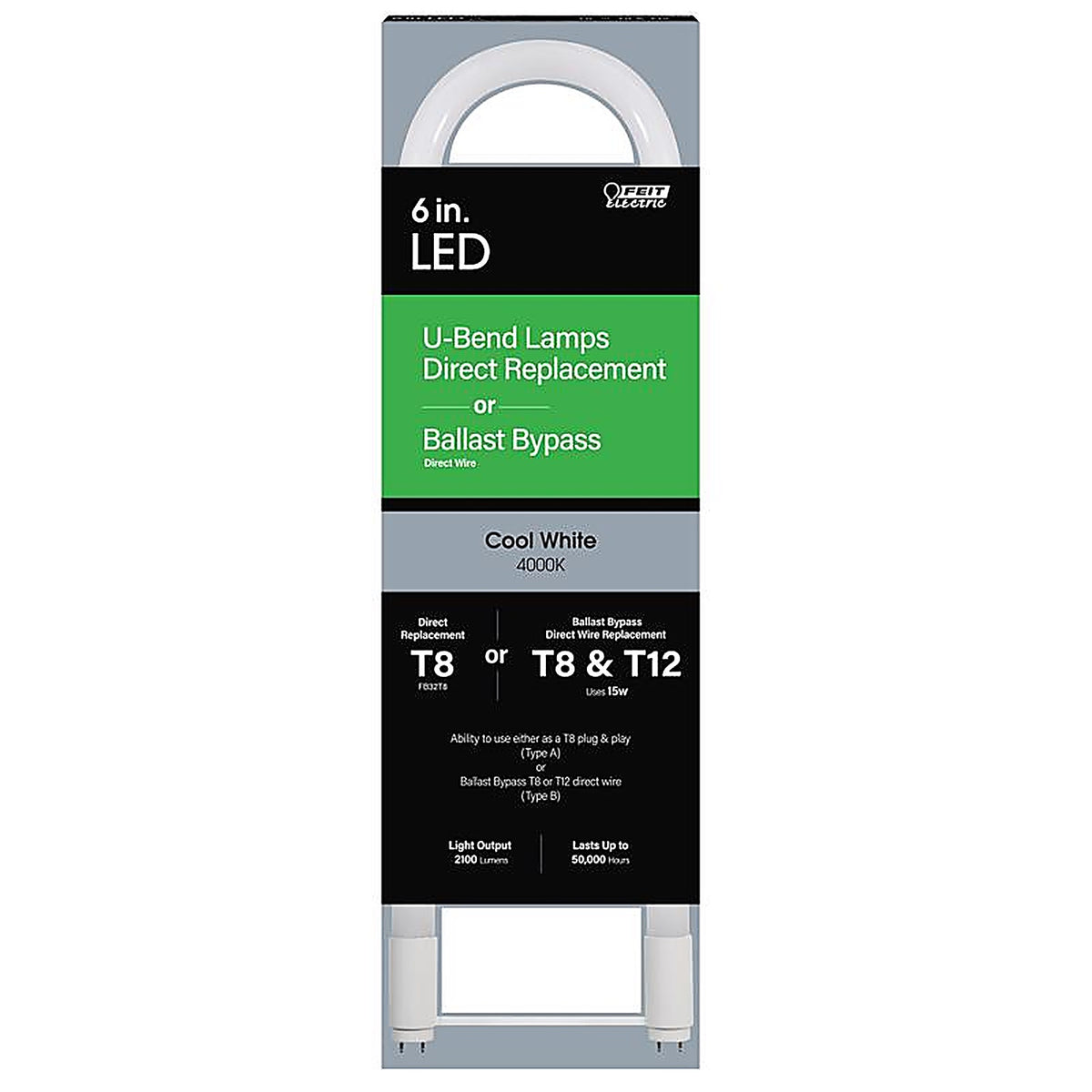 Feit Electric T848840ABU6LED Plug & Play T8 and T12 Cool White 6 in. G13 U-Bend LED Linear Lamp 32 Watt Equivalence