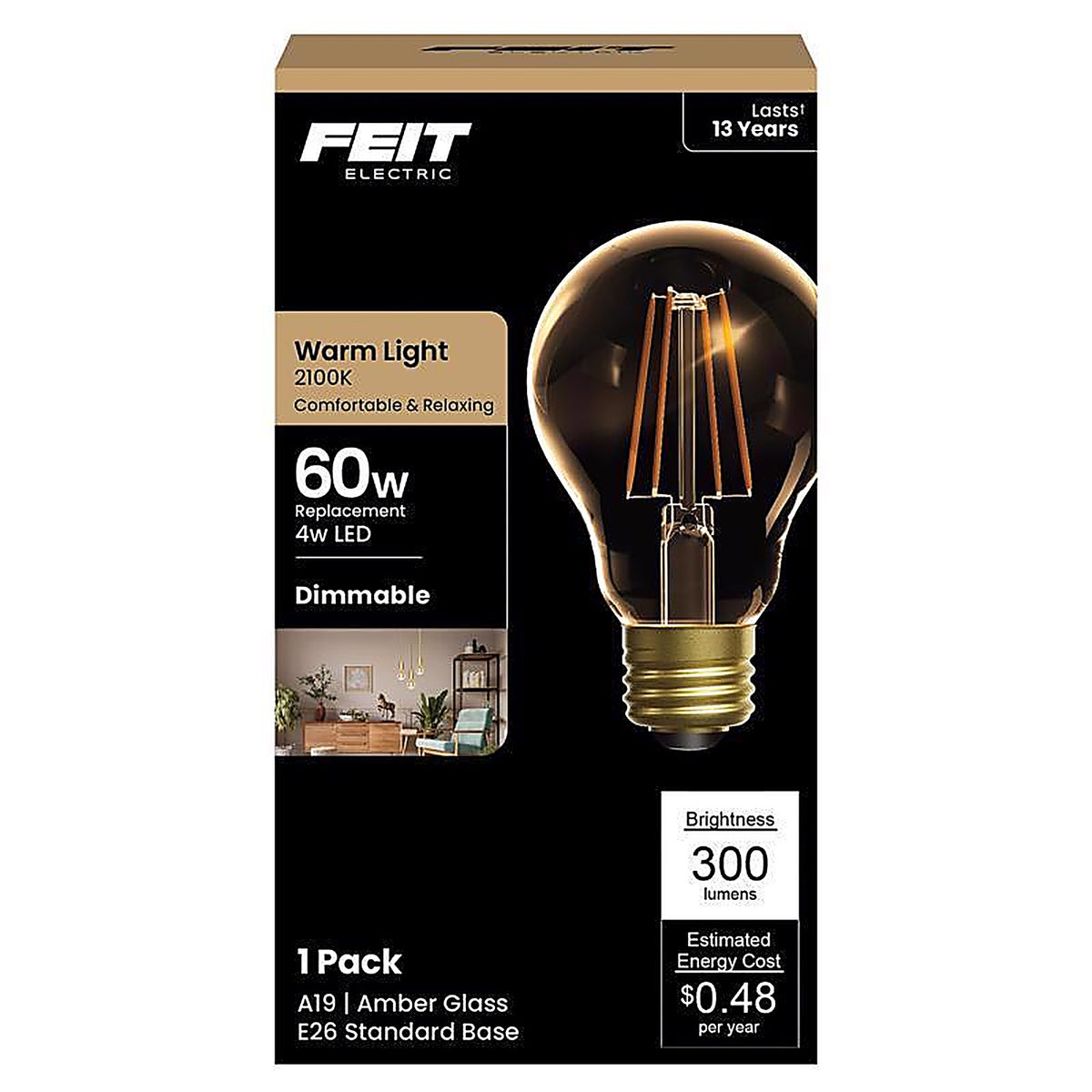 Feit Electric AT19/VG/LED A19 E26 (Medium) LED Bulb Amber Soft White 60 W 1 pk