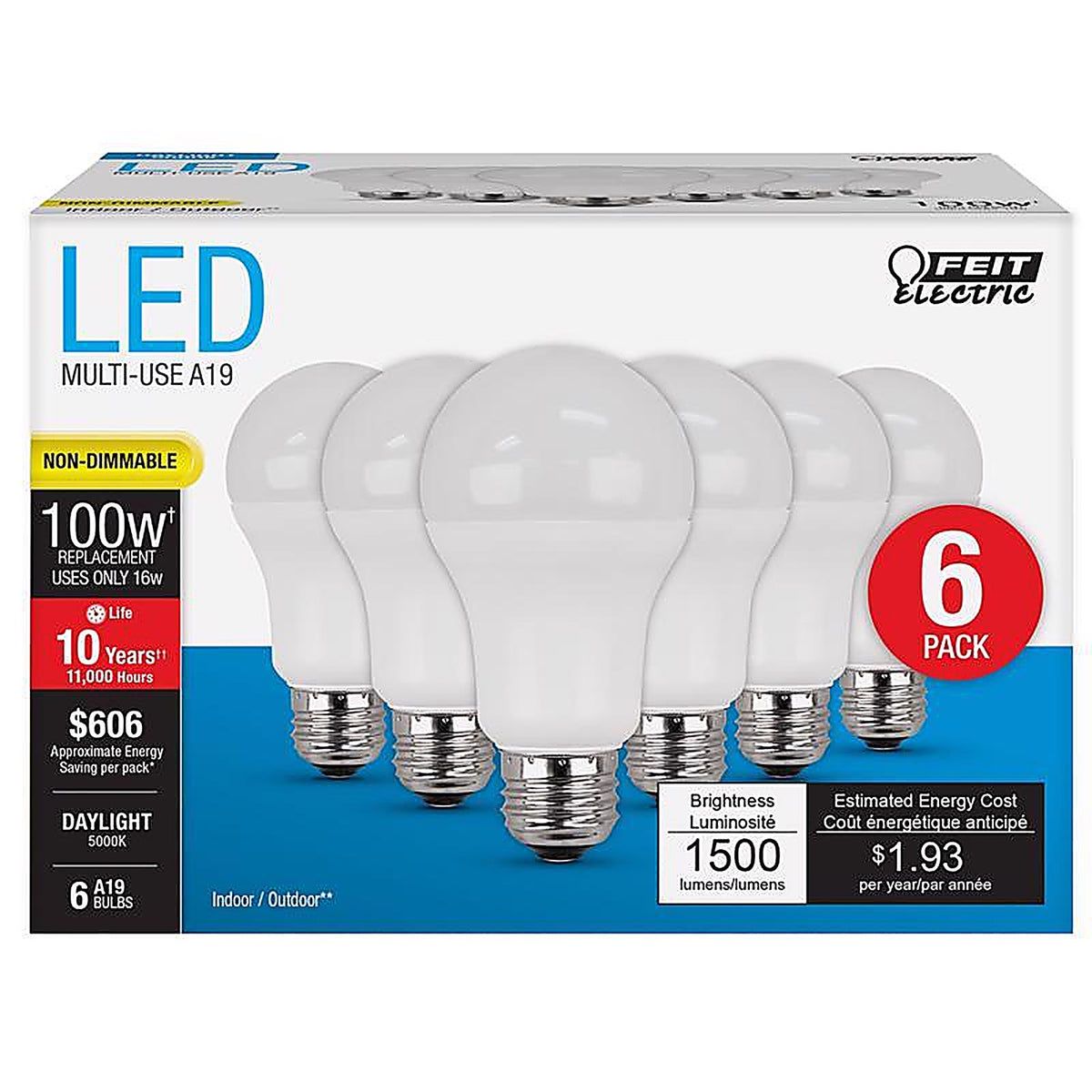 Feit - A160085010KLED6 - A19 E26 (Medium) LED Bulb Daylight 100 Watt Equivalence 6 Pack