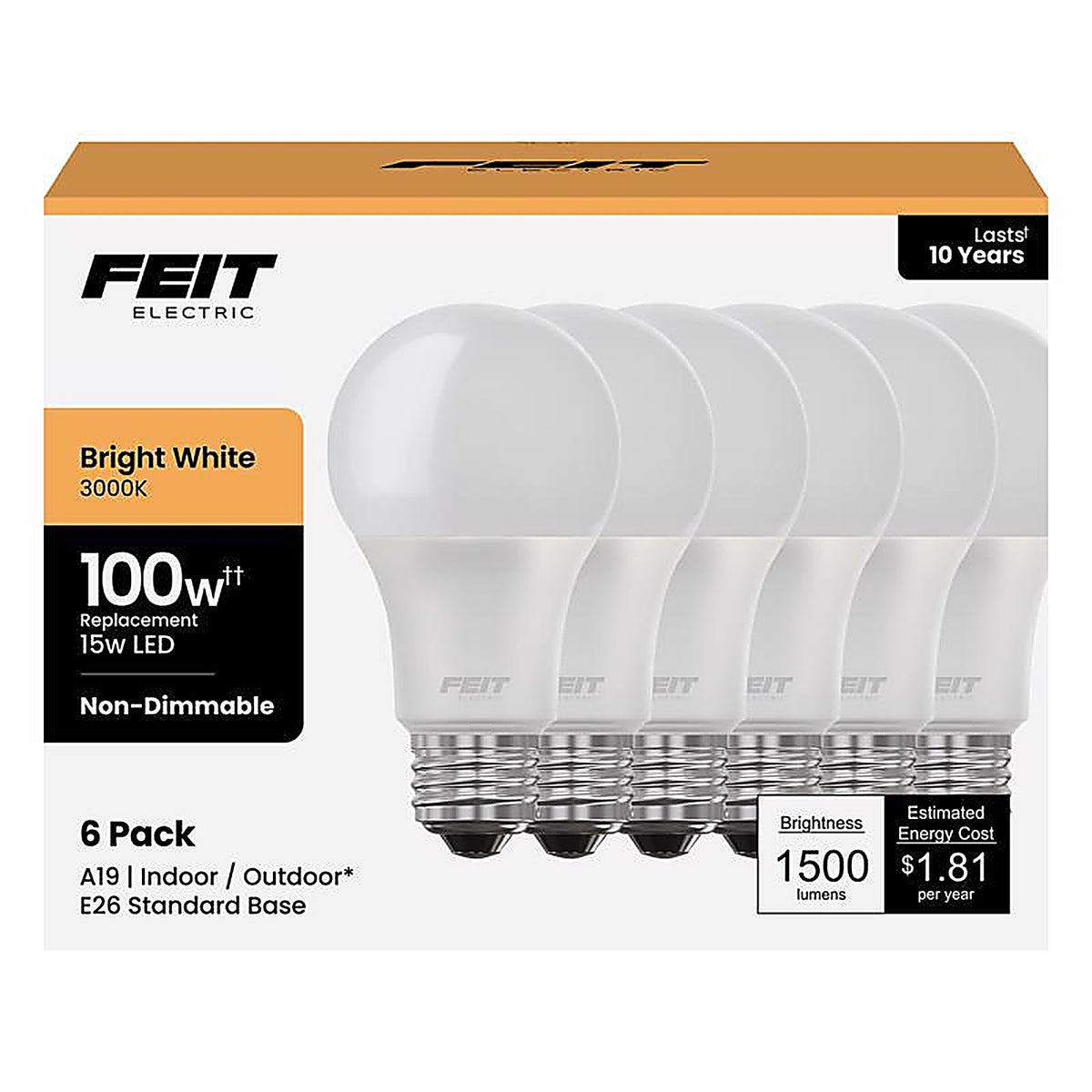 Feit - A160083010KLED6 - A19 E26 (Medium) LED Bulb Bright White 100 Watt Equivalence 6 Pack