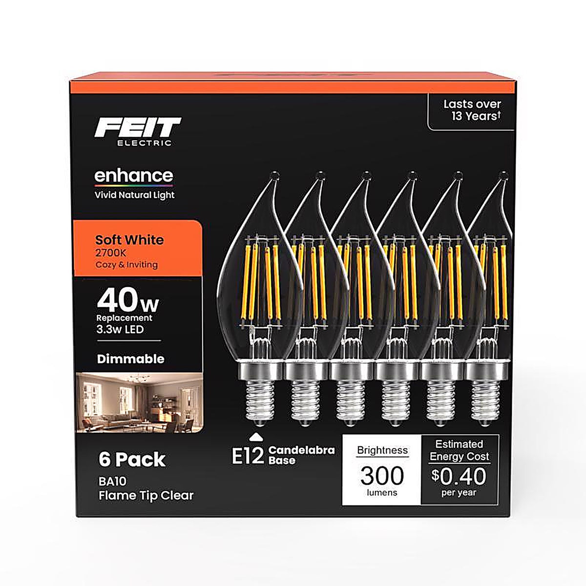 Feit Electric CFC40927CAFIL6 Enhance CA10 E12 (Candelabra) Filament LED Bulb Soft White 40 W 6 pk