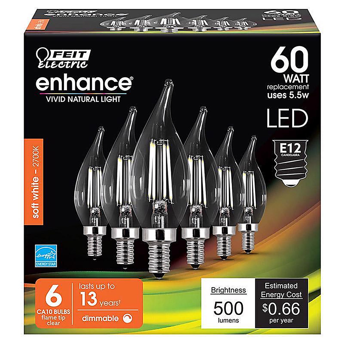 Feit Electric CFC60927CAFIL6 Enhance CA10 E12 (Candelabra) Filament LED Bulb Soft White 60 W 6 pk
