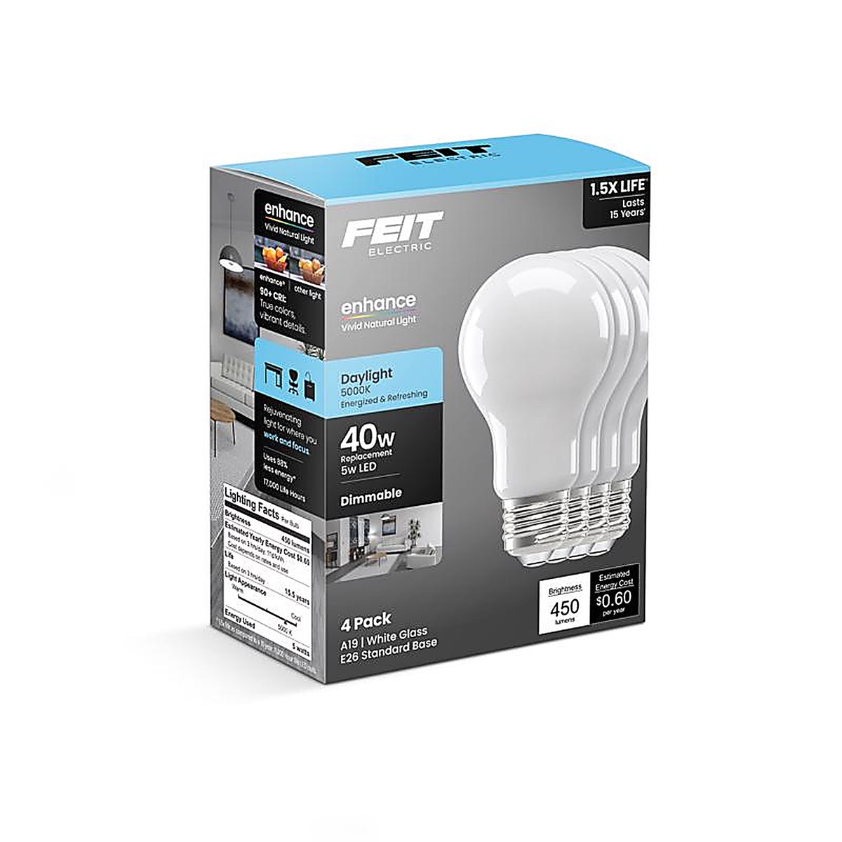 Feit Electric A1940950CAFIL4 Enhance A19 E26 (Medium) LED Bulb Daylight 40 Watt Equivalence 4 pk