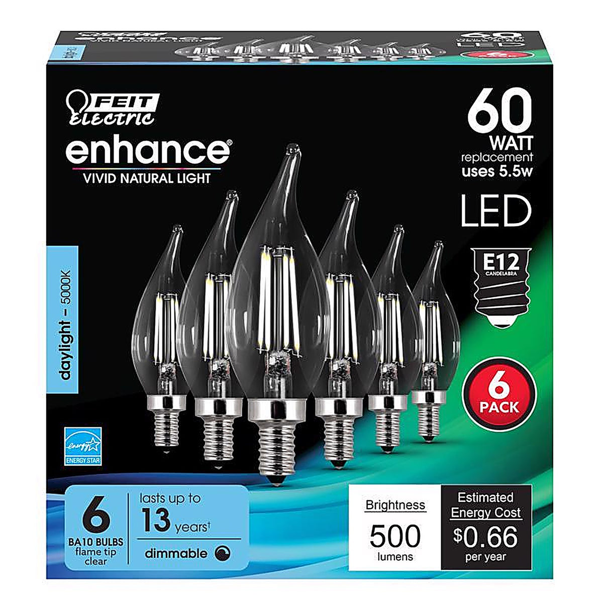 Feit Electric CFC60950CAFIL6 Enhance CA10 E12 (Candelabra) Filament LED Bulb Daylight 60 W 6 pk