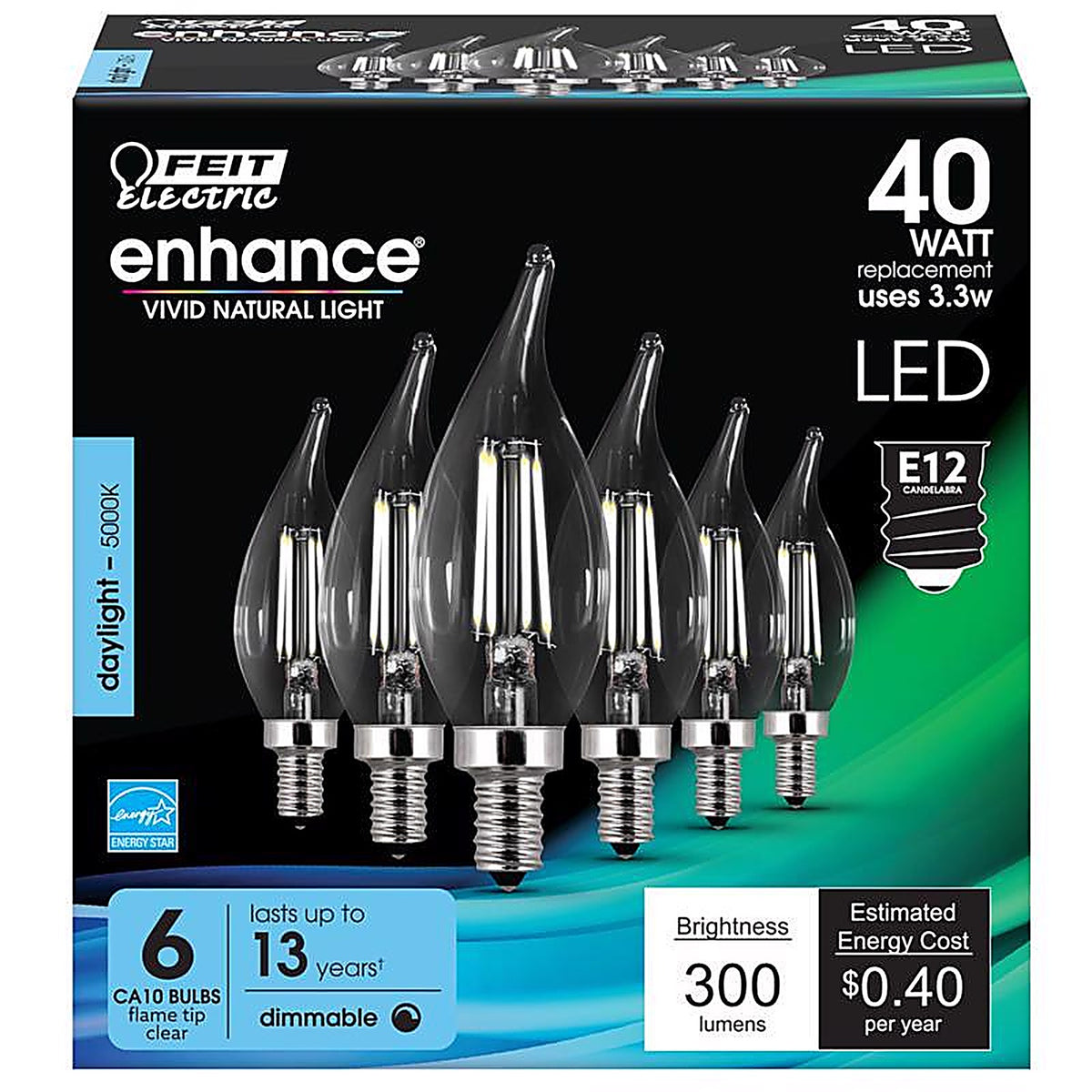 Feit Electric CFC40950CAFIL6 Enhance CA10 E12 (Candelabra) Filament LED Bulb Daylight 40 W 6 pk