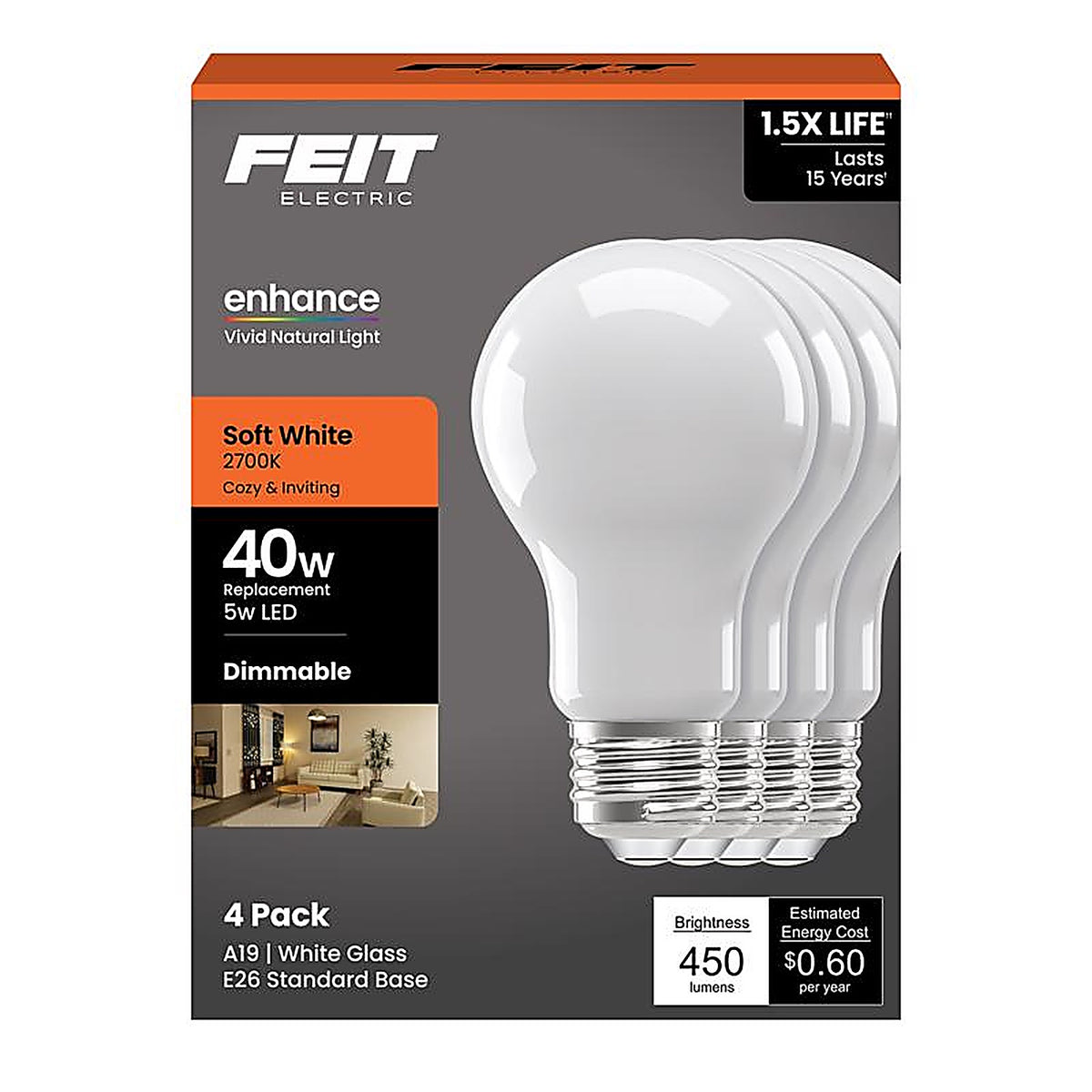 Feit Electric A1940/927CAFIL4 Enhance A19 E26 (Medium) Filament LED Bulb Soft White 40 Watt Equivalence 4 pk