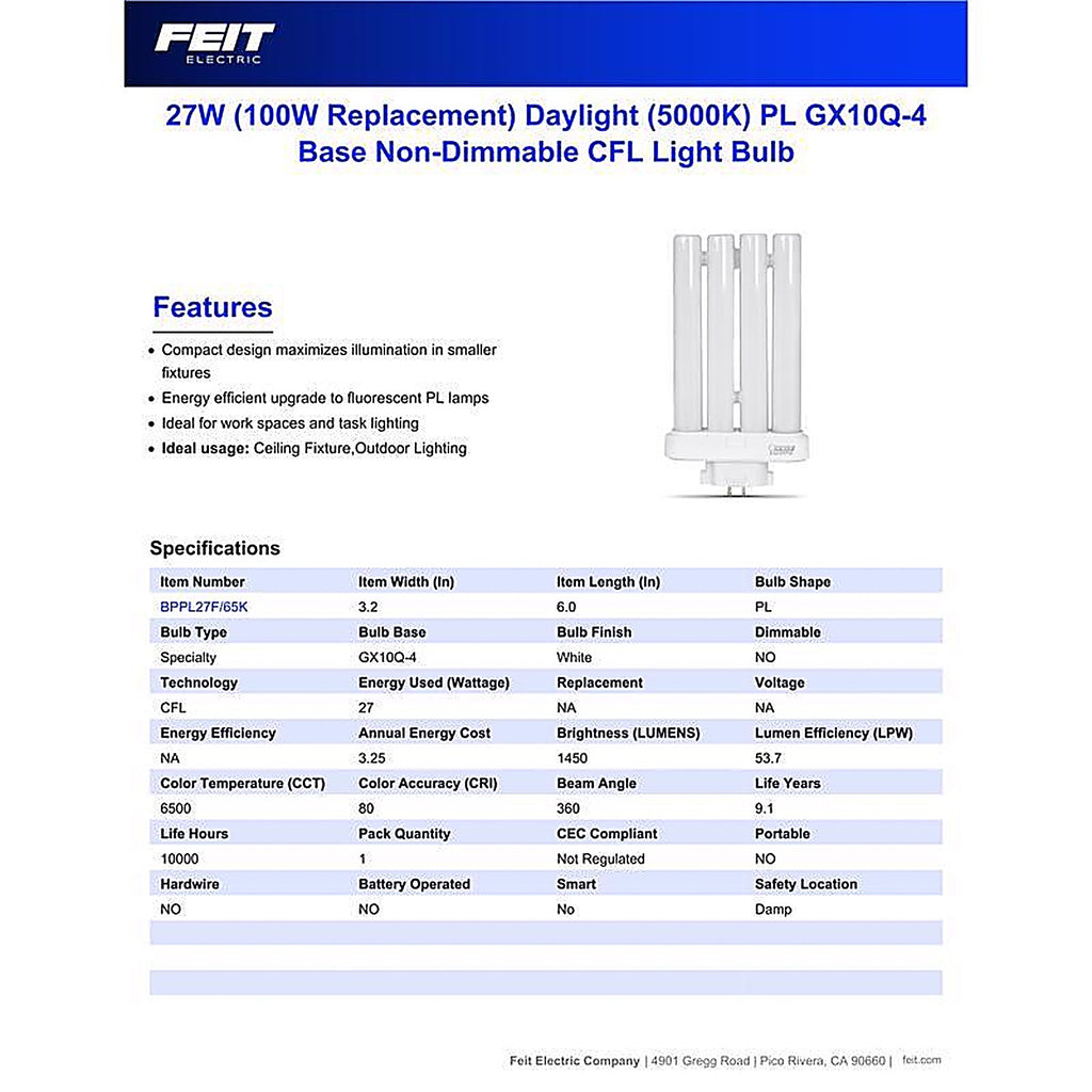 Feit - BPPL27F/65K - 27 W Pl 5.875 In. L Cfl Bulb Daylight Specialty 6500 K 1 Pack