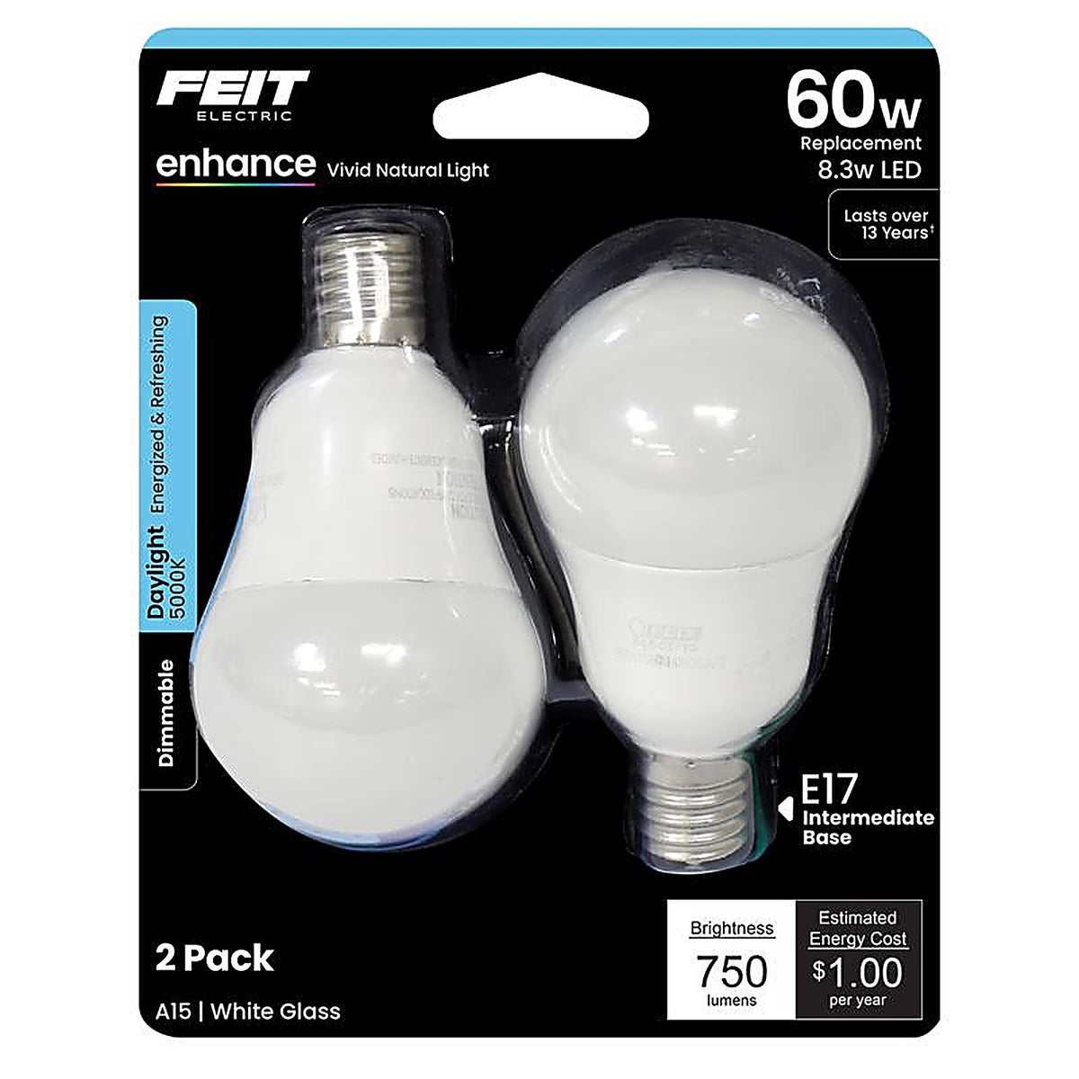 Feit Electric BPA1560N/950CA2 Enhance A15 E17 (Intermediate) LED Bulb Daylight 60 W 2 pk