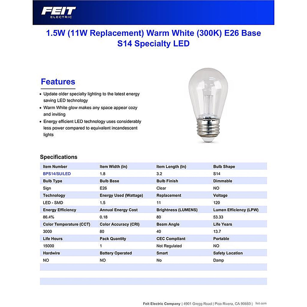 Feit Electric BPS14/SU/LED S14 E26 (Medium) LED Bulb Warm White 11 W 1 pk