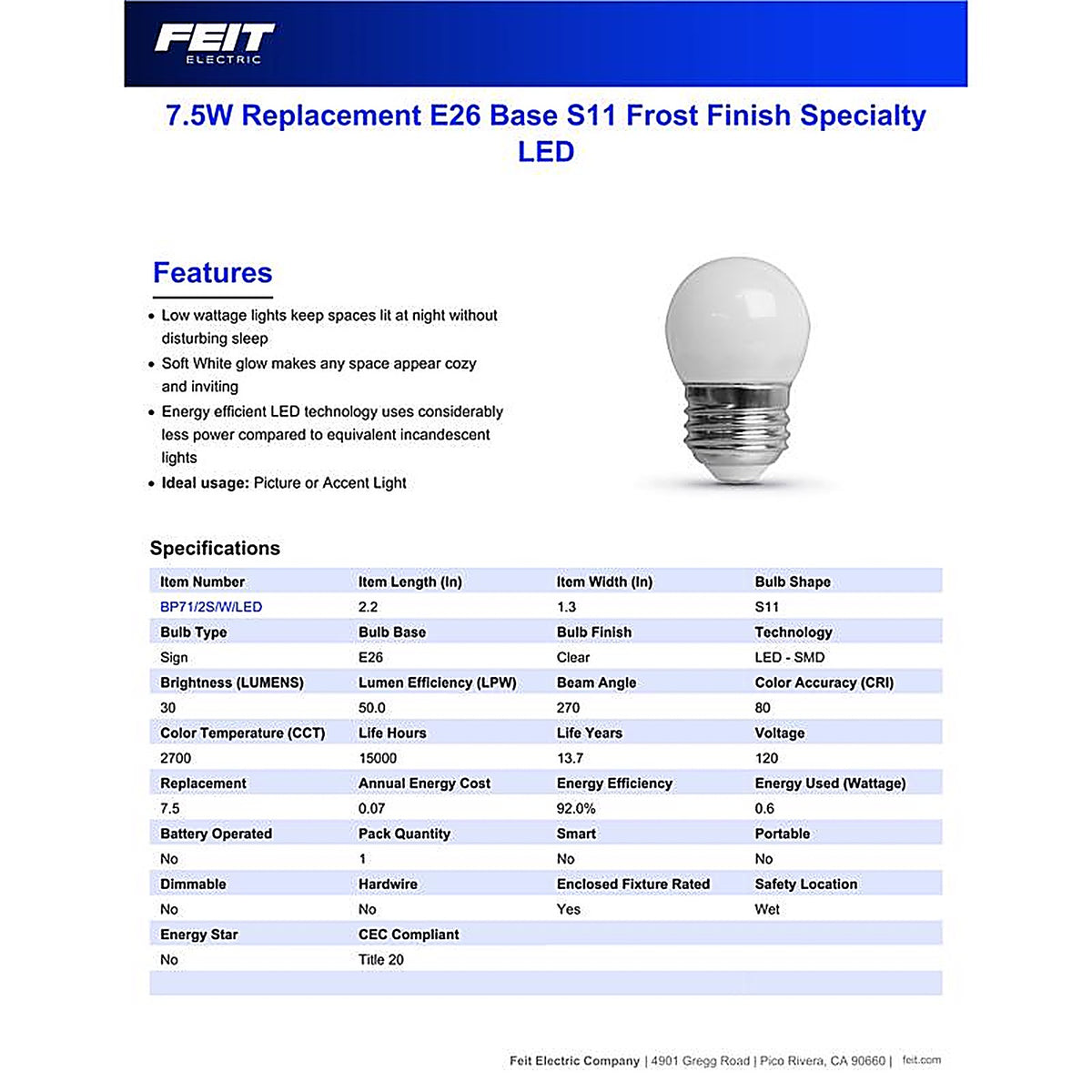 Feit Electric BP71/2S/W/LED S11 E26 (Medium) LED Bulb Soft White 7.5 W 1 pk