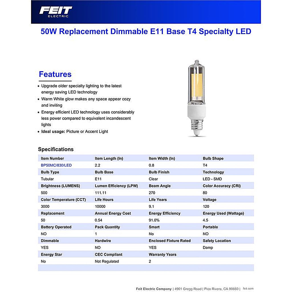 Feit Electric BP50MC/830/LED Mini Candelabra E11 LED Bulb Warm White 50 W 1 pk