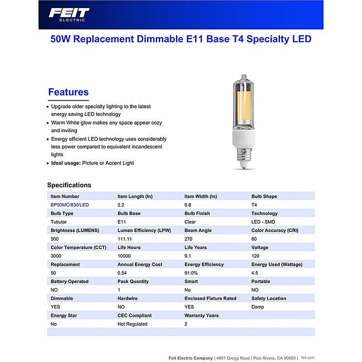 Feit Electric BP50MC/830/LED Mini Candelabra E11 LED Bulb Warm White 50 W 1 pk