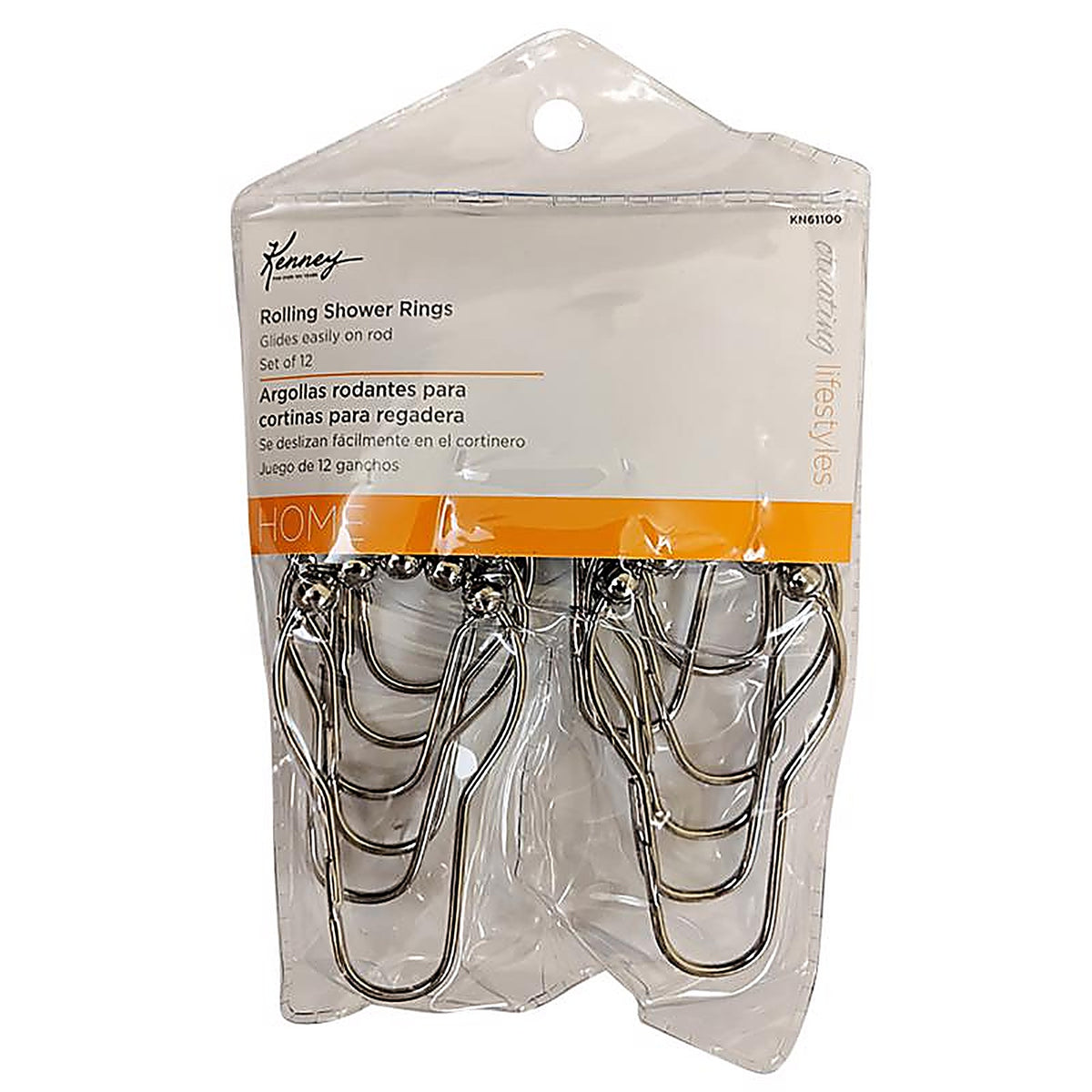 Kenney KN61100V2 Chrome Silver Metal Shower Curtain Rings 12 pk