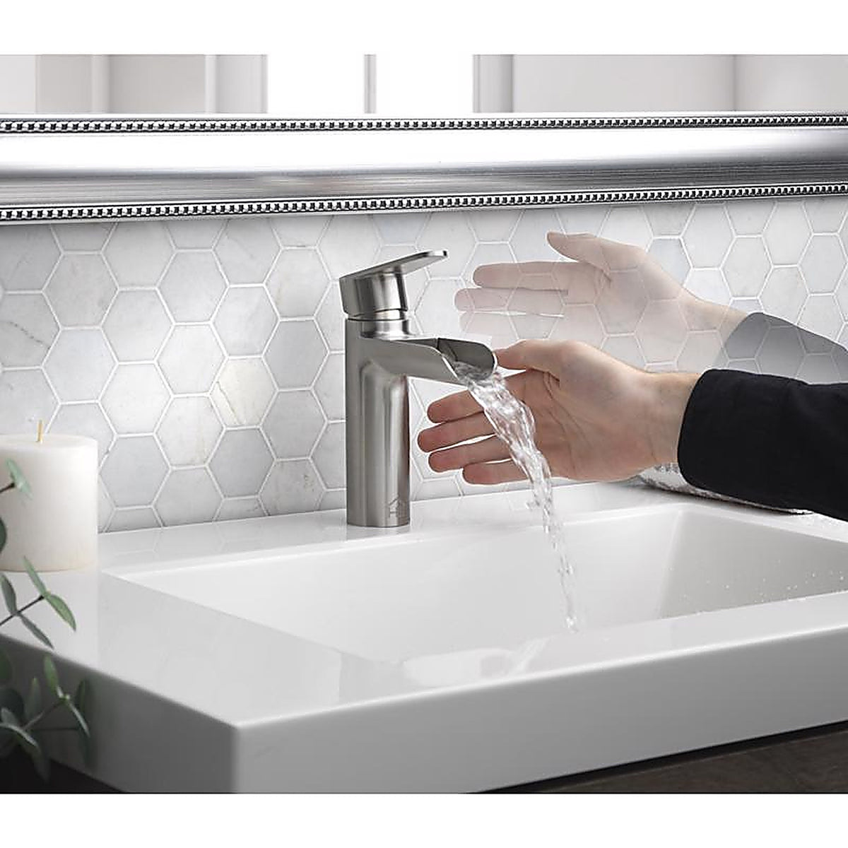 Homewerks 29-B413S-HW Waterfall Brushed Nickel Motion Sensing Single-Handle Bathroom Sink Faucet 2 in.