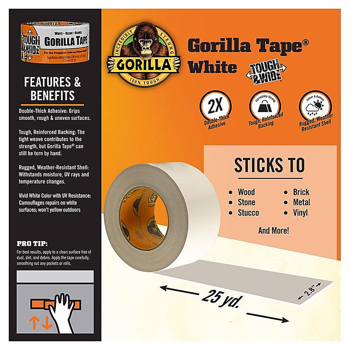 Gorilla 6025302 Tough & Wide 2.88 in. W x 25 yd. L White Duct Tape