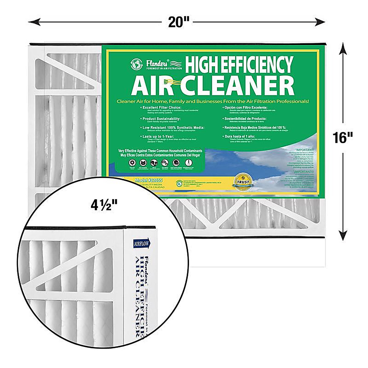 Flanders - 82655.0451620 - 16 In. W X 20 In. H X 4-1/2 In. Synthetic 8 MERV Pleated Air Filter 1 Pack