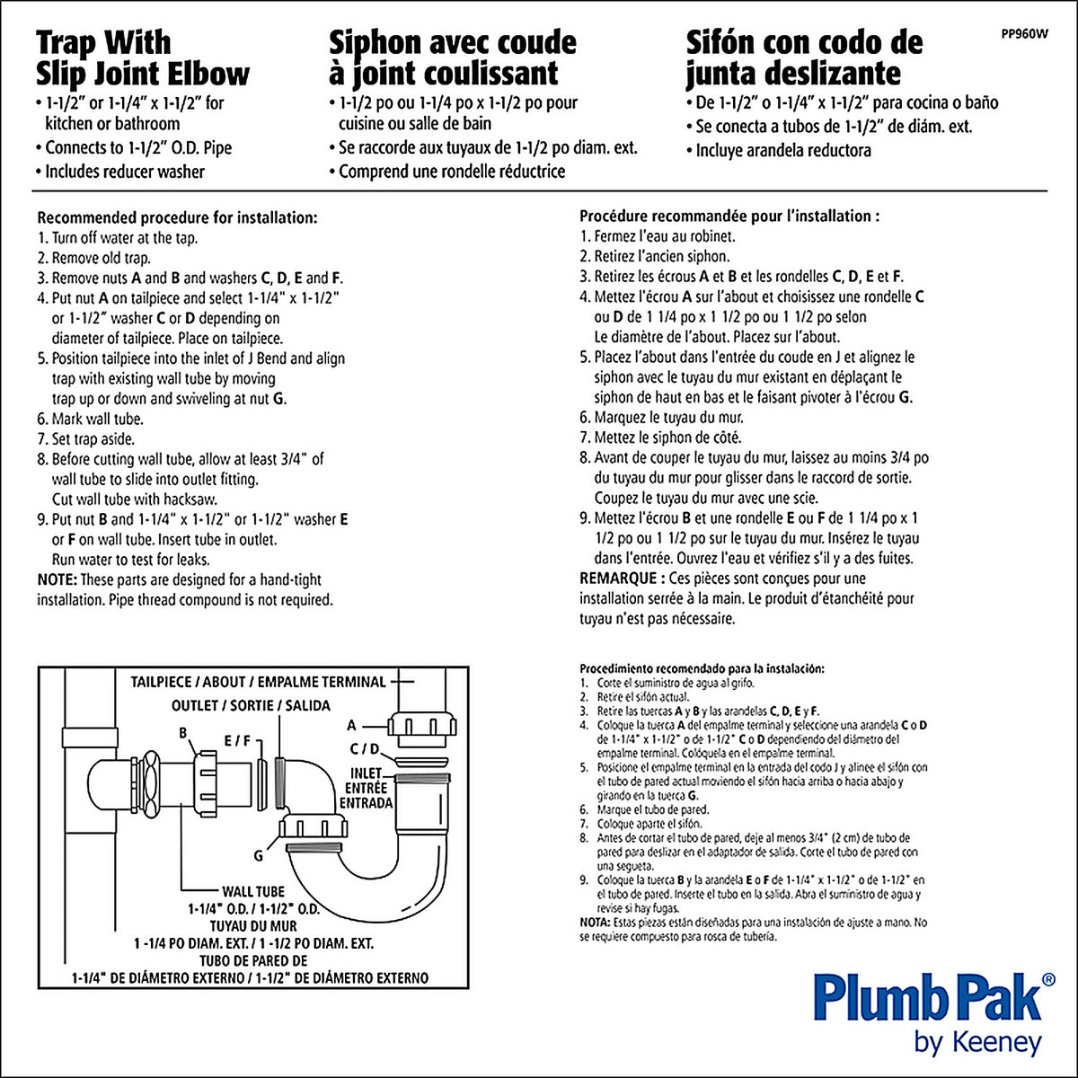 Plumb Pak PP960W 1-1/2 or 1-1/4 in. D Plastic S-Trap