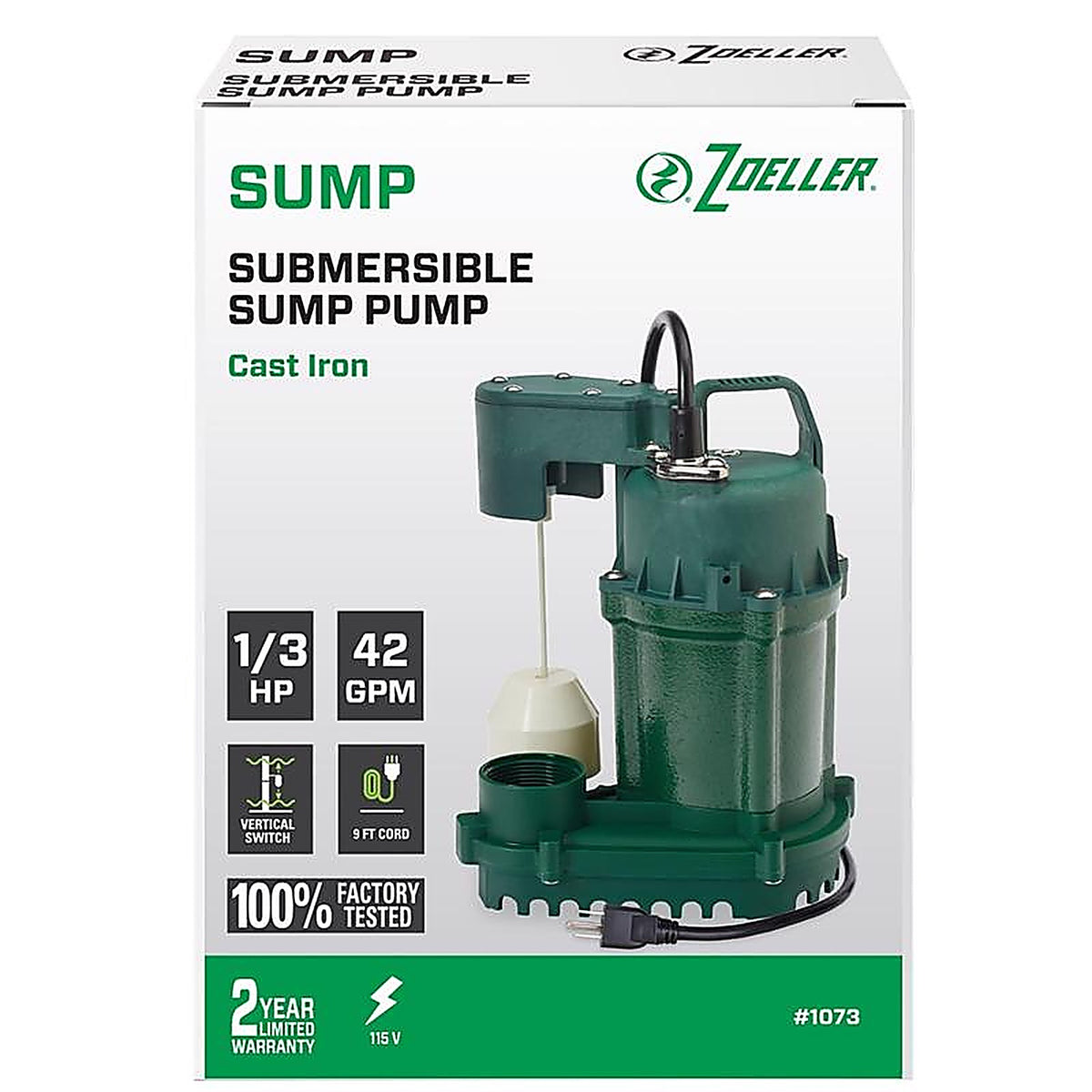 Zoeller - 1073-0001 - 1/3 HP 2520 GPH Cast Iron Vertical Float Switch AC Submersible Sump Pump 9 Ft