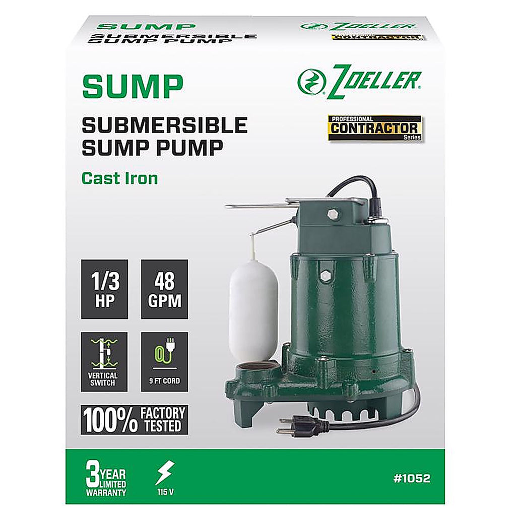 Zoeller - 1052-0005 - 1/3 HP 2880 GPH Cast Iron Vertical Float Switch AC Submersible Sump Pump 9 Ft