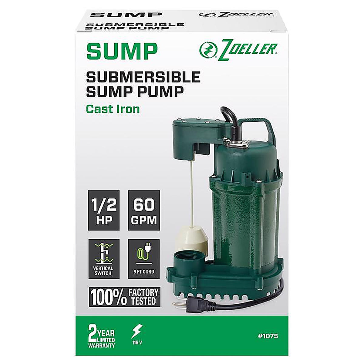 Zoeller - 1075-0001 - 1/2 HP 3600 GPH Cast Iron Vertical Float Switch AC Submersible Sump Pump 9 Ft