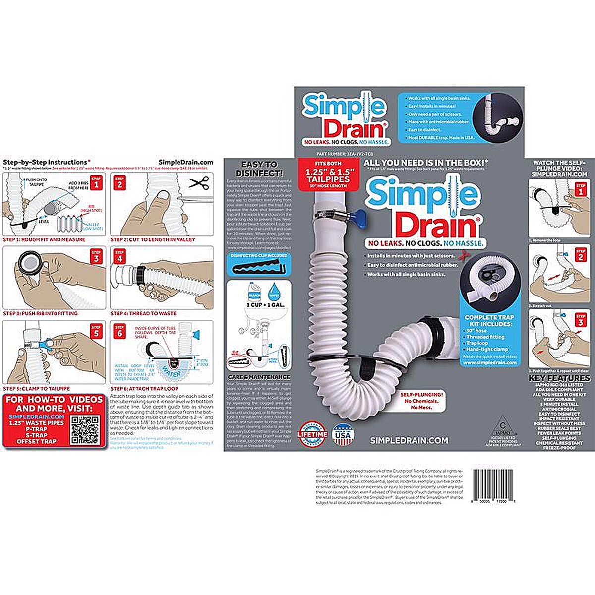 Simple Drain - 3EA-1V2-TC0 - 1.25 In. D X 2.5 Ft. L Rubber Slotted Sink Drain Kit