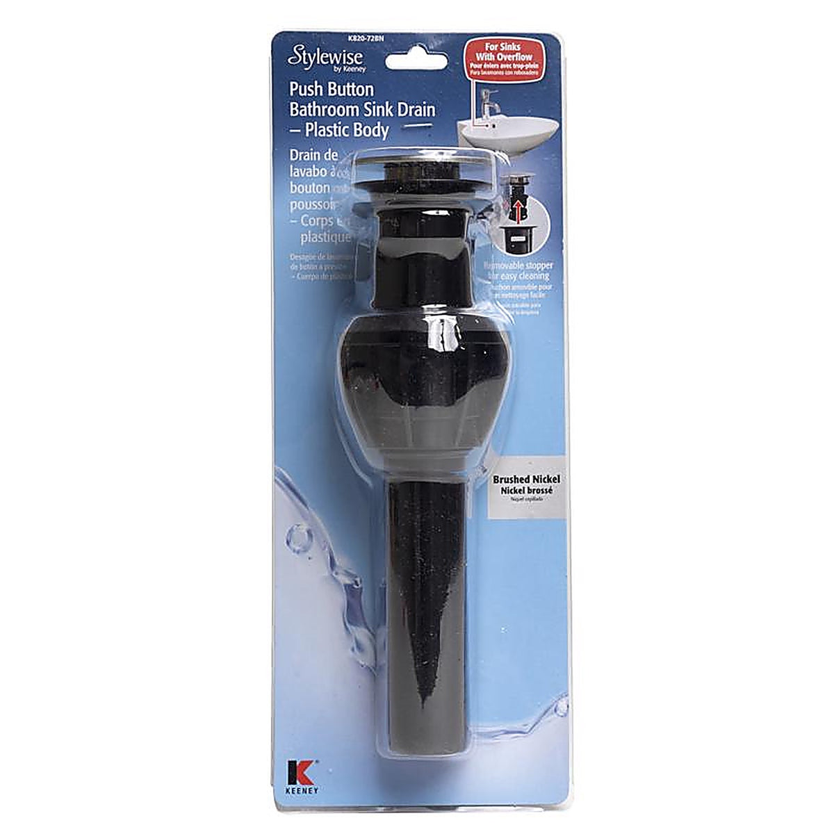 Keeney K820-72BN 1-1/4 in. Brushed Nickel Plastic Push Button Drain with Overflow