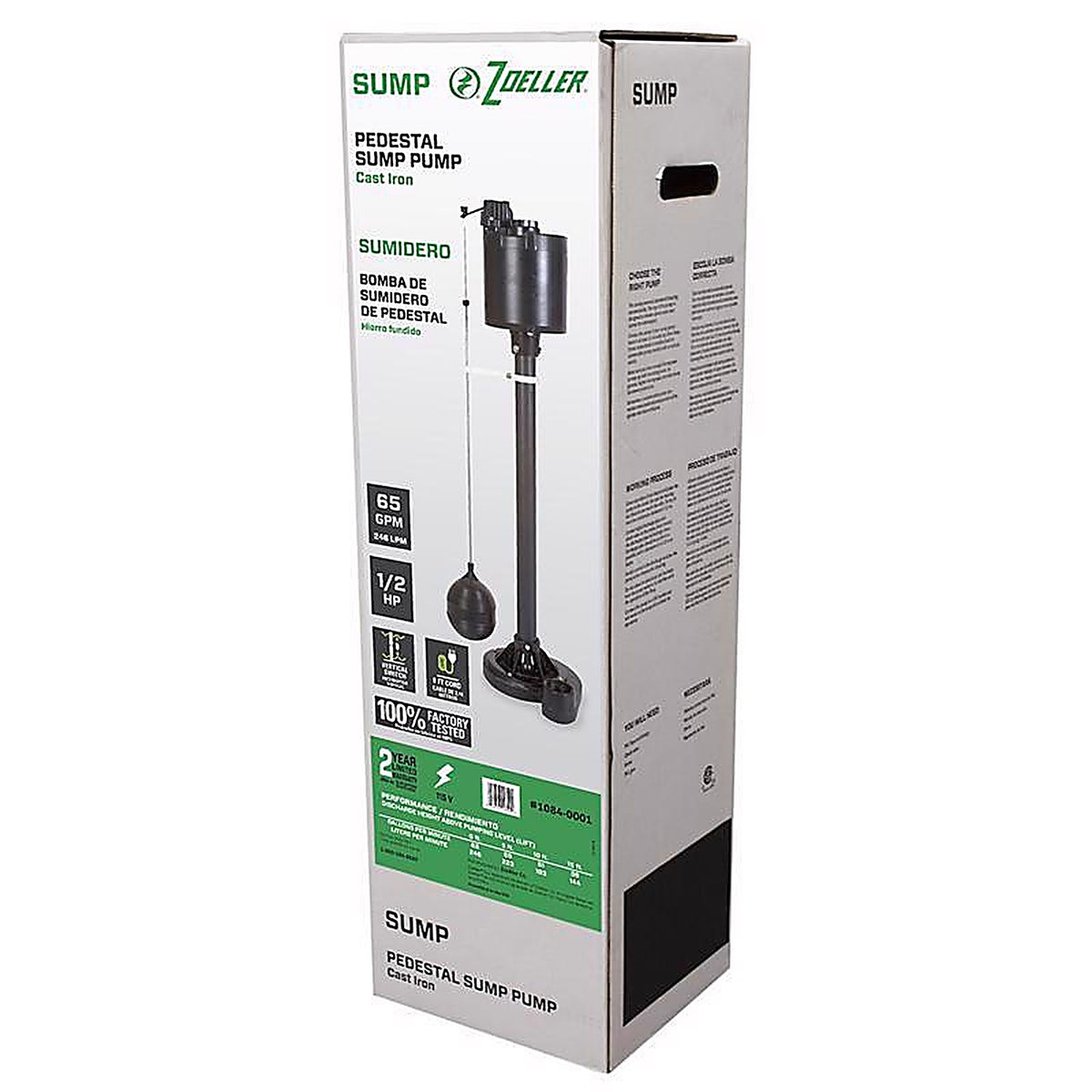 Zoeller - 1084-0001 - 1/2 HP 3900 GPH Cast Iron Vertical Float Switch AC Pedestal Sump Pump 8 Ft