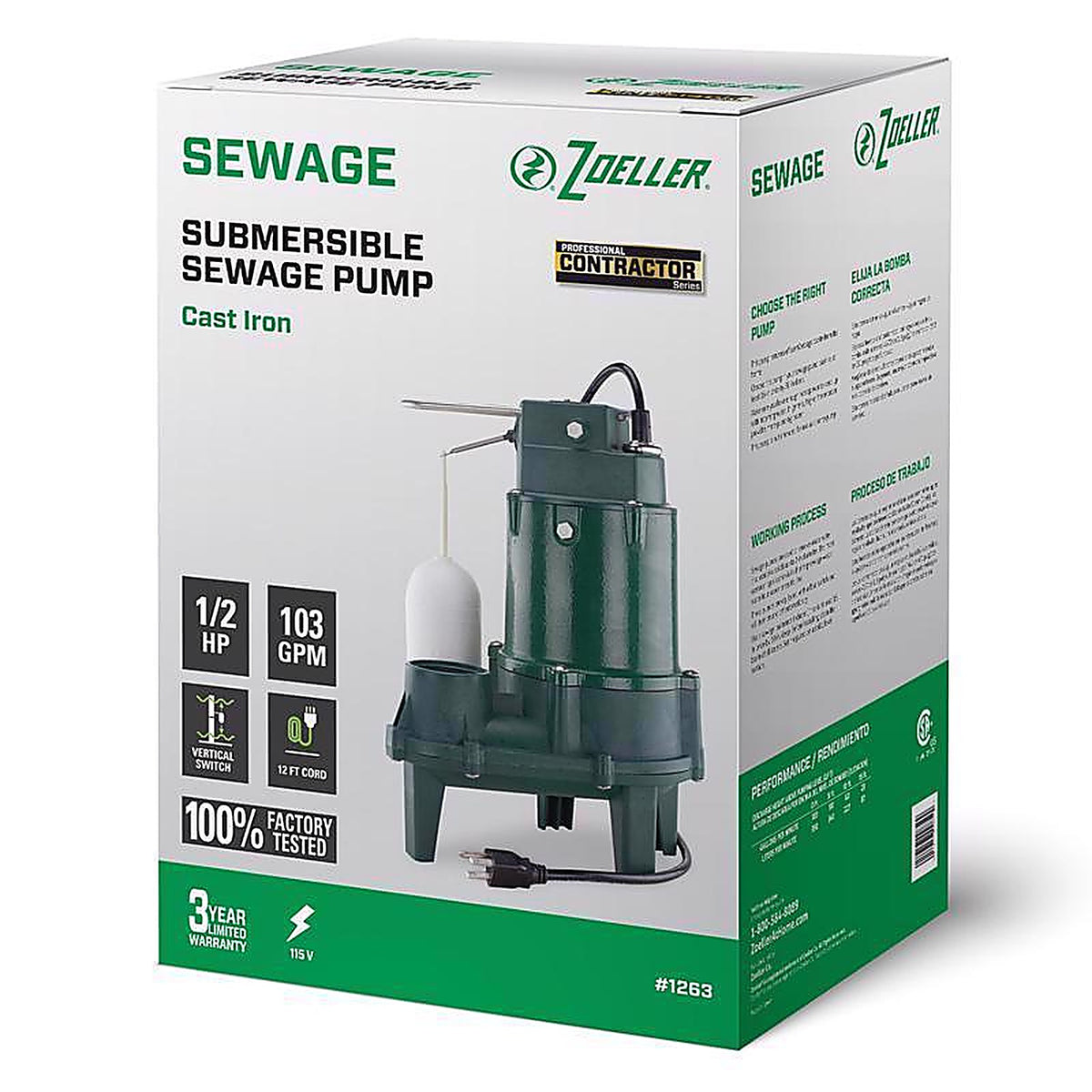Zoeller - 1263-0001 - 1/2 HP 6000 GPH Cast Iron Vertical Float Switch Submersible Sewage Pump