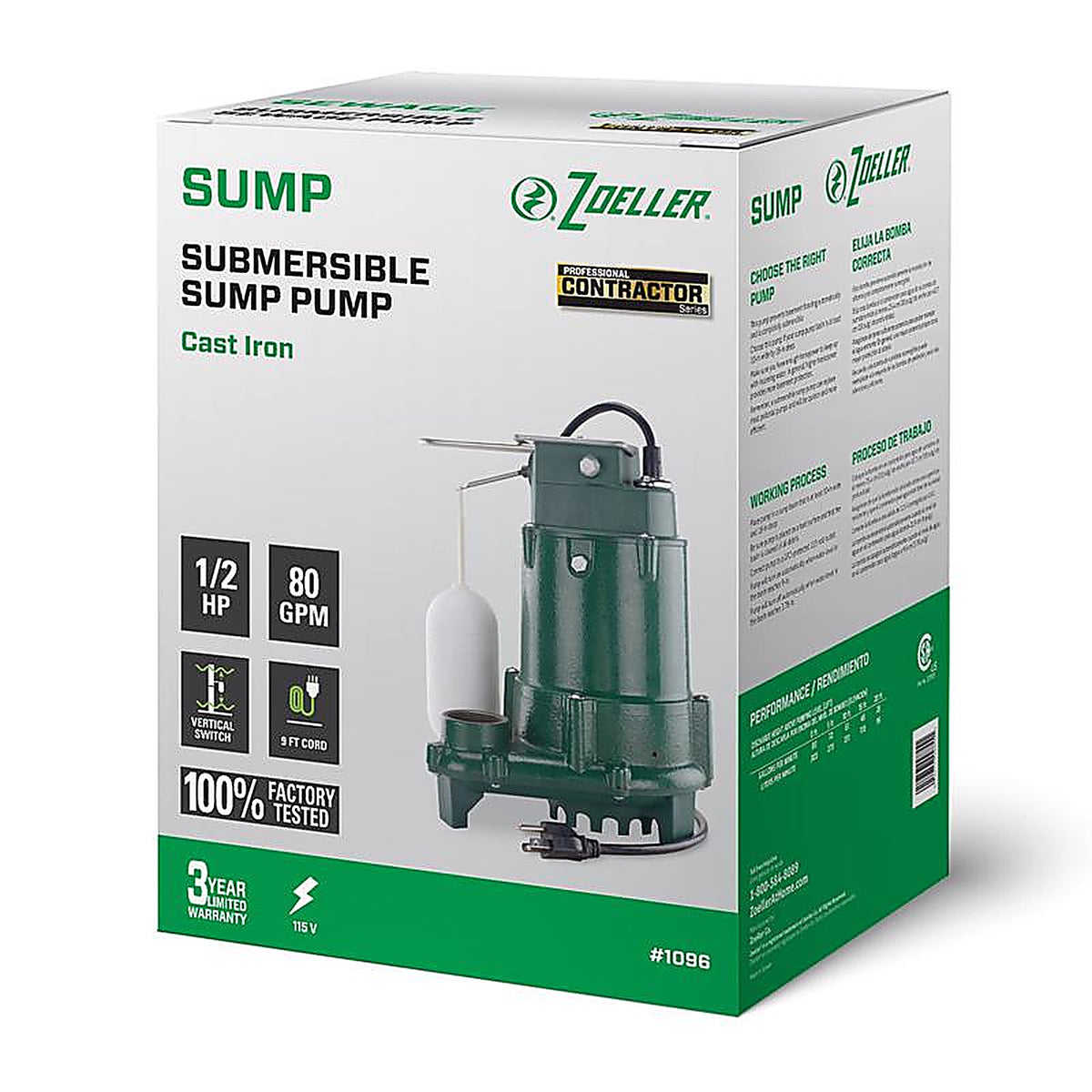Zoeller - 1096-0001 - 1/2 HP 4800 GPH Cast Iron Vertical Float Switch AC Submersible Sump Pump